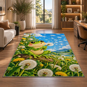 frog blowing a dandelion rug in a living room with a desk and large windows