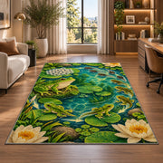 frog life cycle around a pond rug in a living room with a desk and large windows