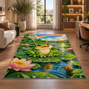 happy frog under a rainbow rug in a living room with a desk and large windows