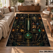 Dark fantasy sword and relics area rug in a living room