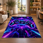 Neon Game Controller rug in a living room with a desk and large windows