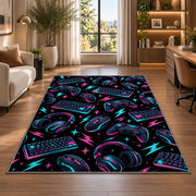 Gaming Gear Pattern rug in a living room with a desk and large windows