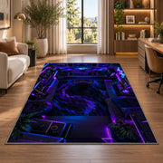 Gamer Battle Station rug in a living room with a desk and large windows