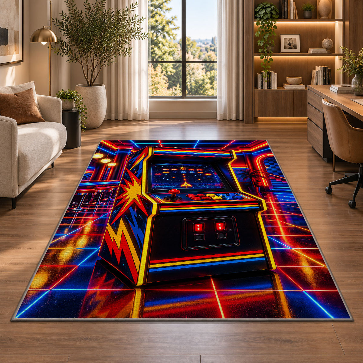 Retro Arcade Cabinet rug in a living room with a desk and large windows