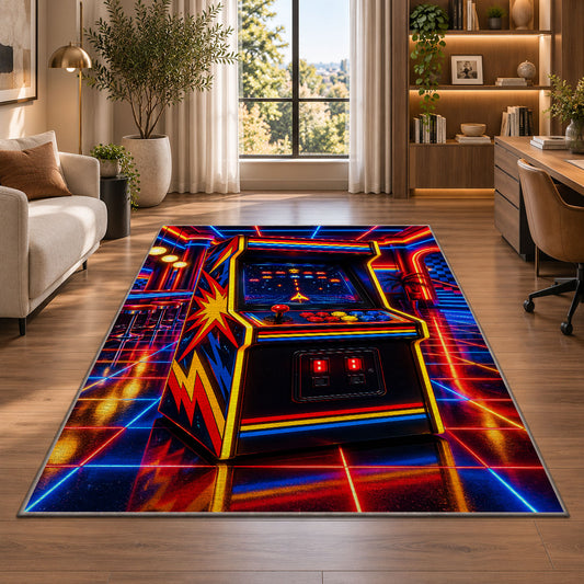 Retro Arcade Cabinet rug in a living room with a desk and large windows