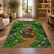 Pixel Knight Adventure rug in a living room with a desk and large windows