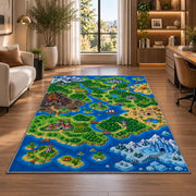 Pixel Fantasy World Map rug in a living room with a desk and large windows