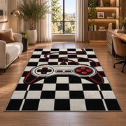 Retro Controller Checkerboard rug in a living room with a desk and large windows