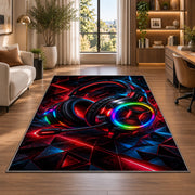 RGB Gaming Headset rug in a living room with a desk and large windows
