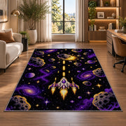 Pixel Space Shooter rug in a living room with a desk and large windows