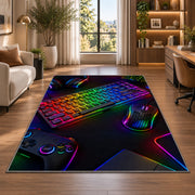 Rainbow Mechanical Keyboard rug in a living room with a desk and large windows