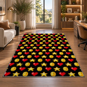 Pixel Hearts and Coins rug in a living room with a desk and large windows