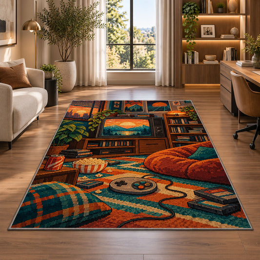 80s Retro Game Room rug in a living room with a desk and large windows