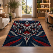 Crossed Controllers Emblem rug in a living room with a desk and large windows
