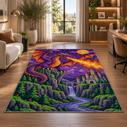 Pixel Dragon and Castle rug in a living room with a desk and large windows