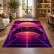 Synthwave Controller rug in a living room with a desk and large windows