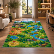 Game Level Map rug in a living room with a desk and large windows