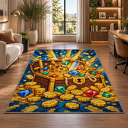 Pixel Treasure Chest rug in a living room with a desk and large windows