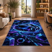 VR Headset Cyberspace rug in a living room with a desk and large windows