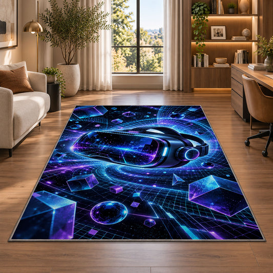 VR Headset Cyberspace rug in a living room with a desk and large windows