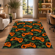 Pixel Camo Controllers rug in a living room with a desk and large windows