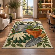 Gardening Rug in a living room with a desk and large windows