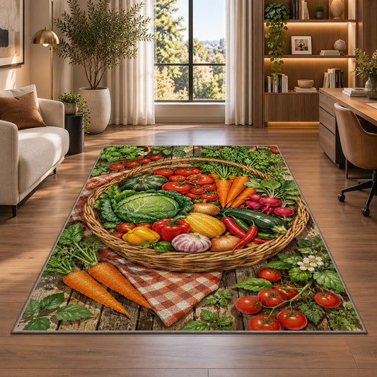 Harvest Basket Rug in a living room with a desk and large windows