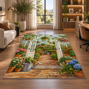 Greenhouse Rug in a living room with a desk and large windows