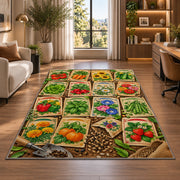 Vintage Seed Packet Rug in a living room with a desk and large windows