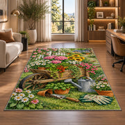 Wheelbarrow Garden Rug in a living room with a desk and large windows