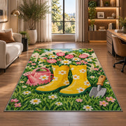 Rain Boots Flower Rug in a living room with a desk and large windows