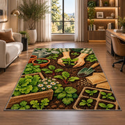 Planting Seedlings Rug in a living room with a desk and large windows