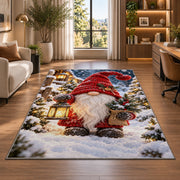 winter gnome with lantern rug in a living room with a desk and large windows