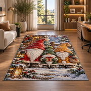 family of three gnomes rug in a living room with a desk and large windows