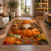 autumn gnome with pumpkins rug in a living room with a desk and large windows