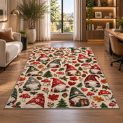 gnome pattern with hearts and mushrooms rug in a living room with a desk and large windows