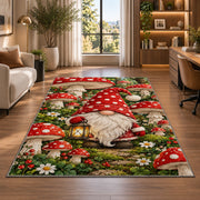 gnome in a mushroom garden rug in a living room with a desk and large windows