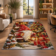 gnome by a decorated Christmas tree rug in a living room with a desk and large windows