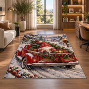 gnome riding in a red truck rug in a living room with a desk and large windows