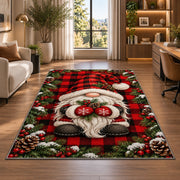gnome on buffalo plaid rug in a living room with a desk and large windows