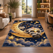 gnome sitting on the crescent moon rug in a living room with a desk and large windows