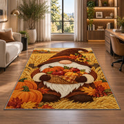 Thanksgiving harvest gnome rug in a living room with a desk and large windows