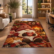 gnome by the fireplace rug in a living room with a desk and large windows