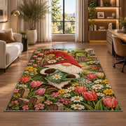 gnome watering tulips rug in a living room with a desk and large windows