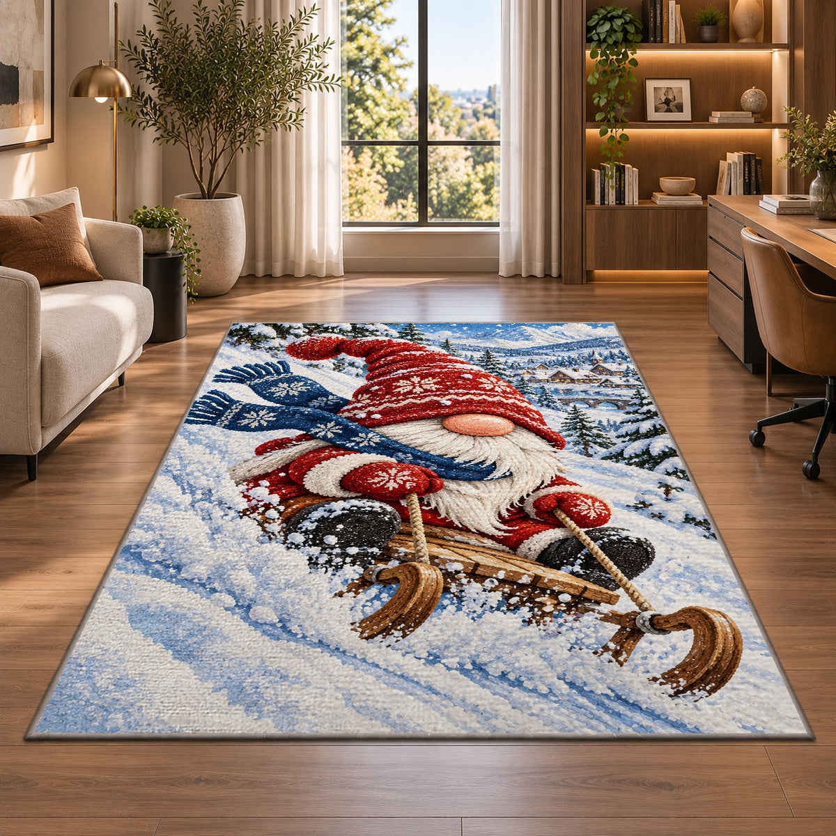 gnome sledding down a snowy hill rug in a living room with a desk and large windows