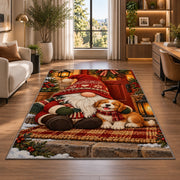 gnome and puppy on the porch rug in a living room with a desk and large windows