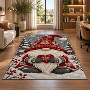 Nordic gnome holding a heart rug in a living room with a desk and large windows