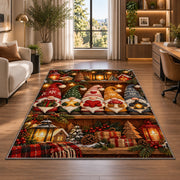 row of gnomes on a shelf rug in a living room with a desk and large windows