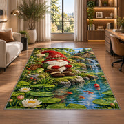 gnome fishing at a pond rug in a living room with a desk and large windows