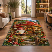 gnome at a mushroom house rug in a living room with a desk and large windows